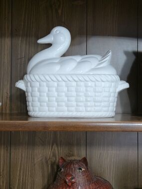 Vintage White Ceramic Duck Tureen Japan Basketweave Nest